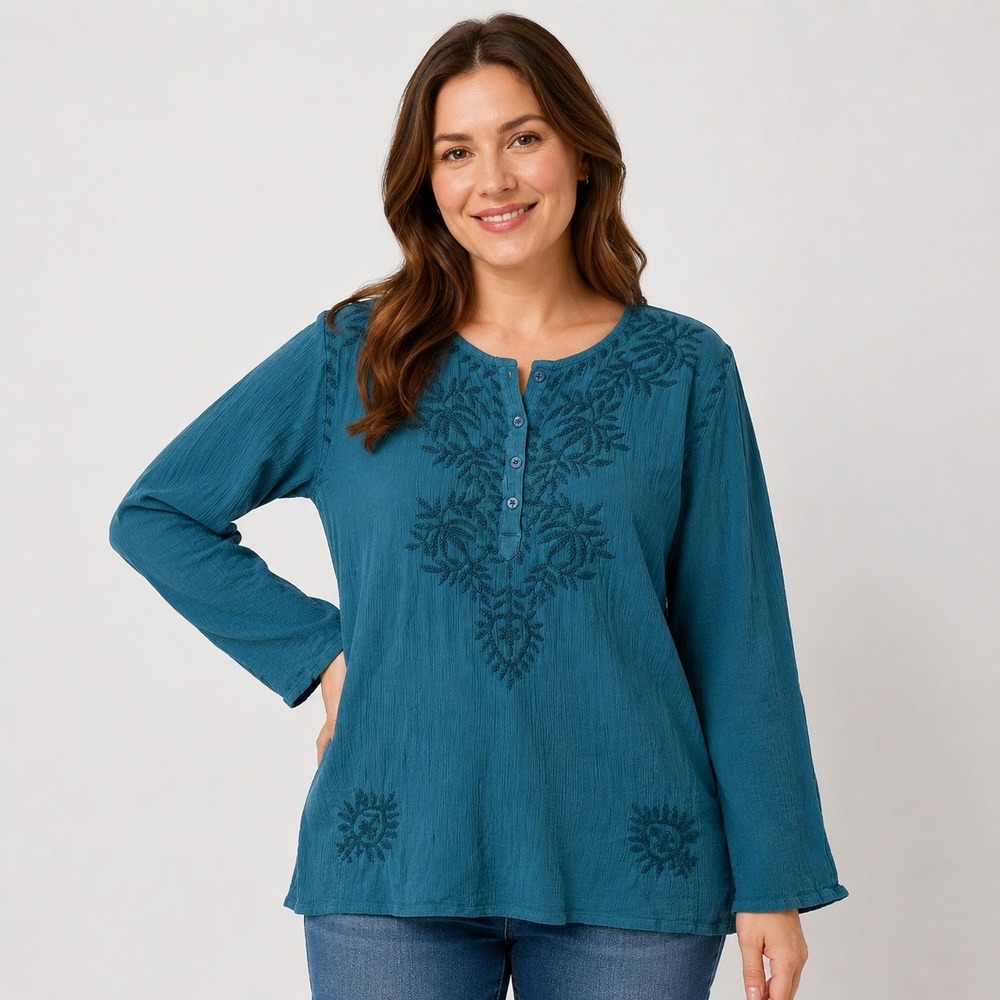 Geeta Tunic Top Womens Free Size Teal Blue Embroidered Cotton Gauze Boho Henley